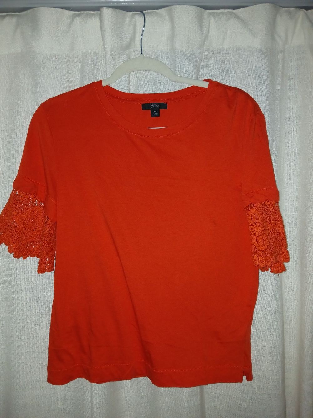 J. Crew Bright Orange Short-Sleeve Tee with Crochet Lace Sleeves